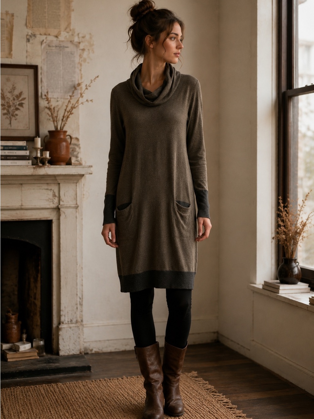 Cozy Cottagecore Cabincore Neutral Cowl Neck Soft Knit Tunic Sweater Dress M/L
